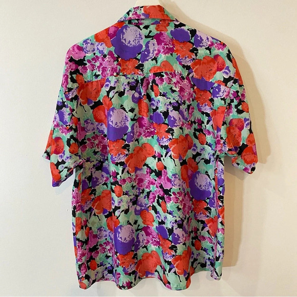 Vintage 1980s HER 100% Silk Short Sleeve Floral Blouse Size L - Picture 12 of 17